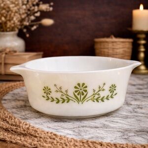 Vintage Glasbake Divide Bakeware Casserole Dish‎ White&Green Flower Pattern